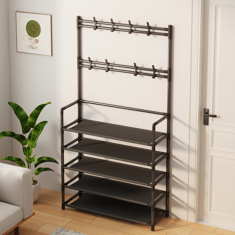 Black and White Shoe and Hat Rack with Dustproof Cover 8 Hooks for Entryway Living Room Bedroom