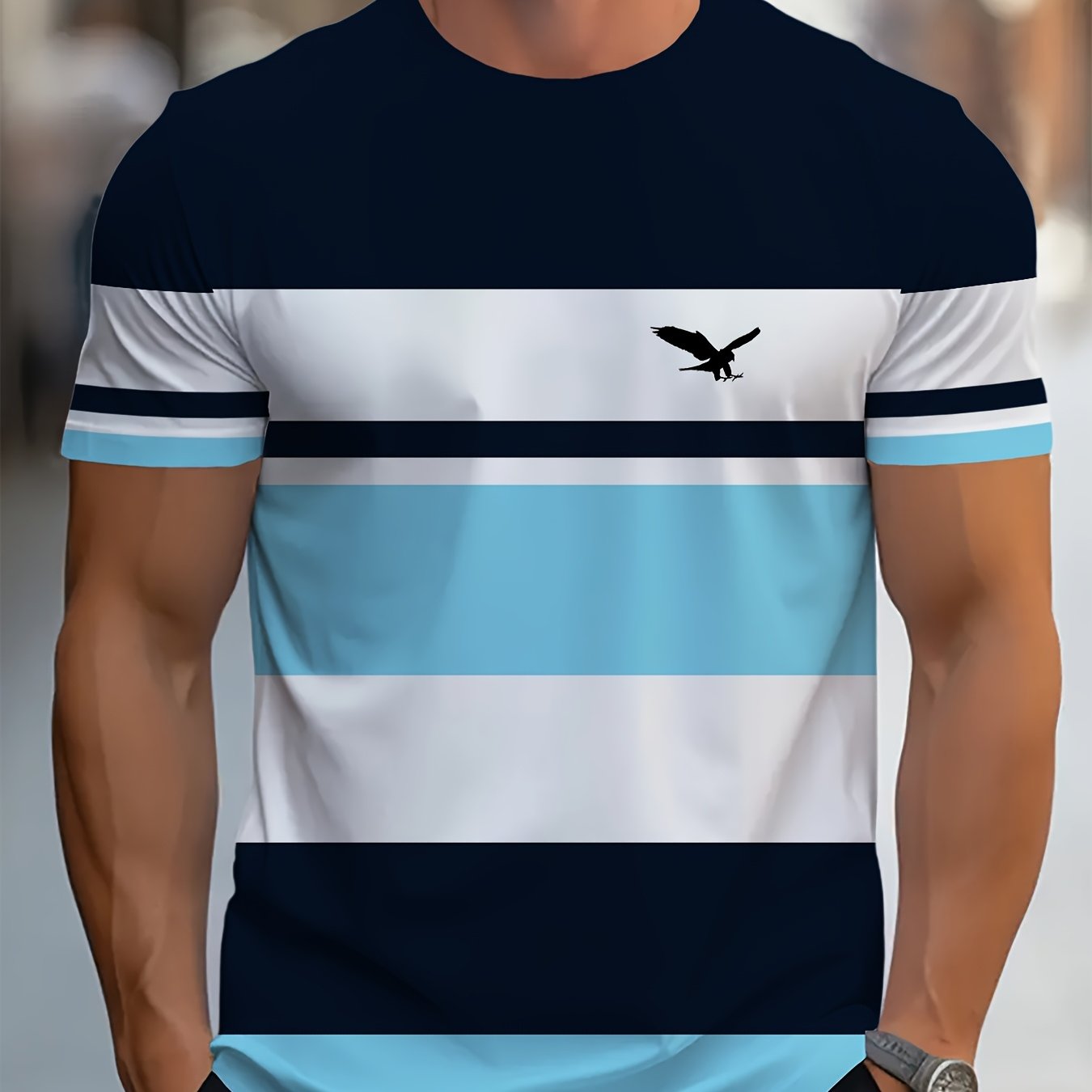 Camiseta de hombre de poliéster a rayas, cuello redondo, manga corta, casual, verano, transpirable, impresión digital