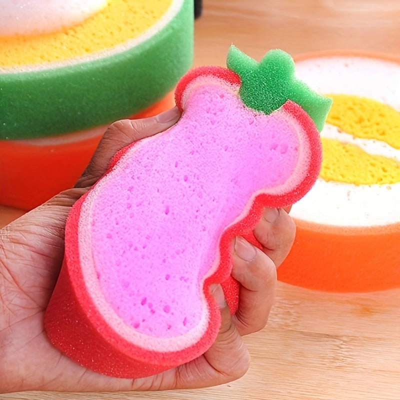 Meva shaklidagi idish cho'tkalari, 4 yoki 8 ta to'plam, ikki tomonlama bosma poliuretan tozalash cho'tkalari, siqilgan tolali material, apelsin va qulupnay dizayni bilan. Uy tozalash uchun mukammal, yashash xonasi, hammom, hojatxona va oshxonada.