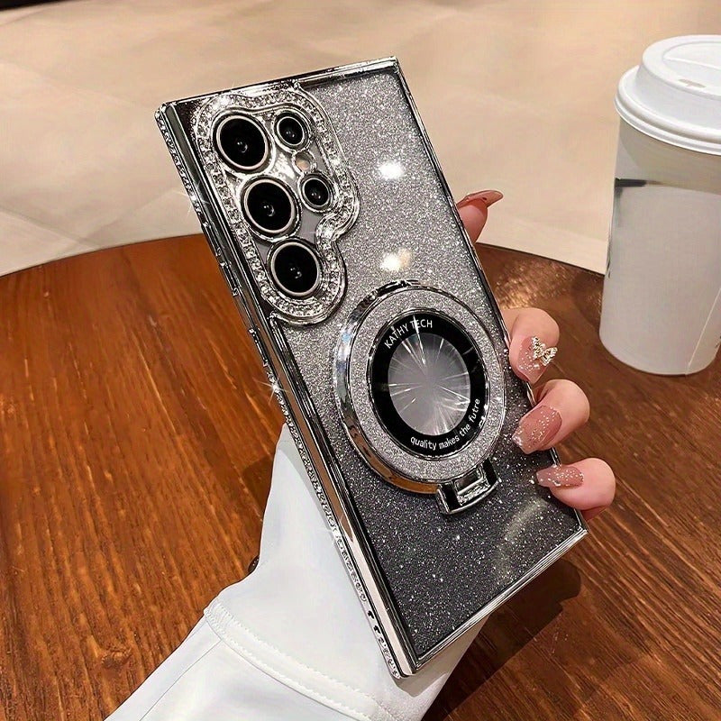 Magnetic Rhinestone Glitter Case for Samsung Plus TPU Plating with Holder and Wireless Charging