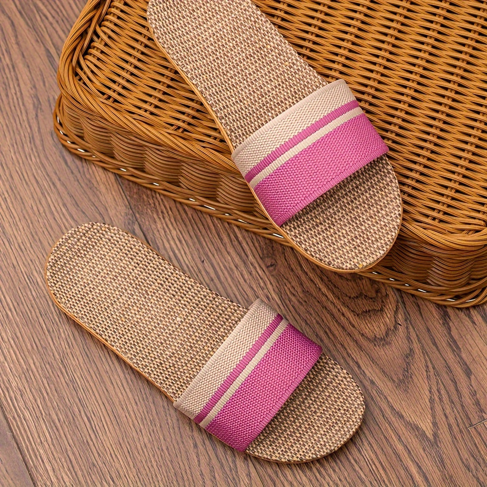 Women's Linen Slides Open-Toe Flat Summer Sandals Indoor Outdoor Size 6-10.5