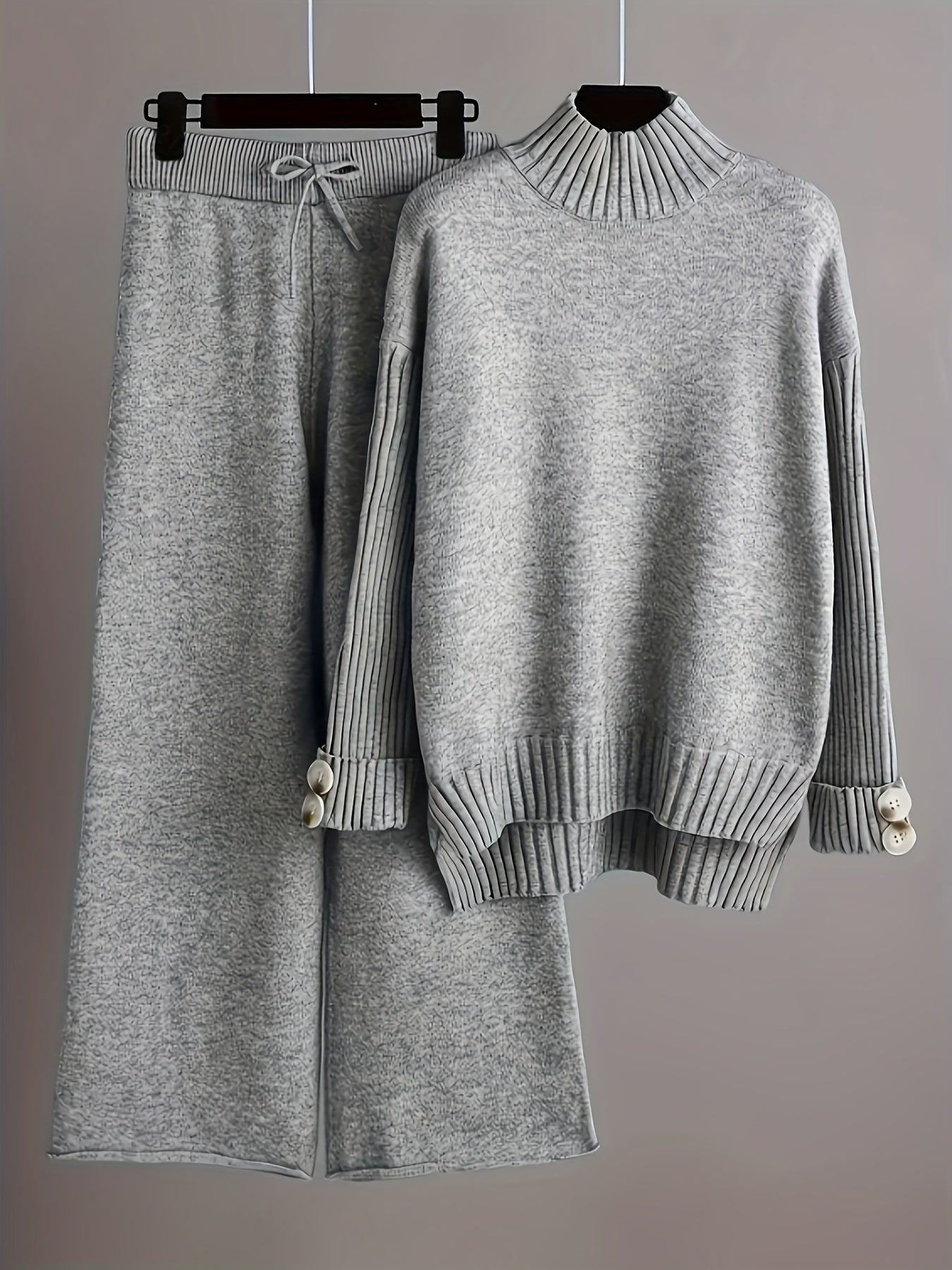 Solid Color Knitted Pantsuit for Women Long Sleeve Turtleneck Sweater Wide Leg Pants