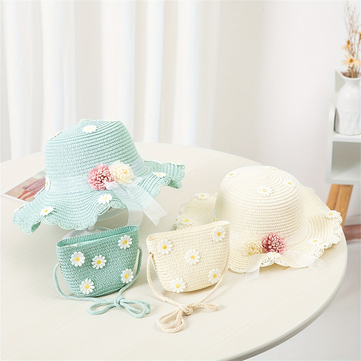 Teen Girls Straw Hat with Daisy Pattern and Matching Bag Summer Water-Resistant