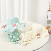 Teen Girls Straw Hat with Daisy Pattern and Matching Bag Summer Water-Resistant