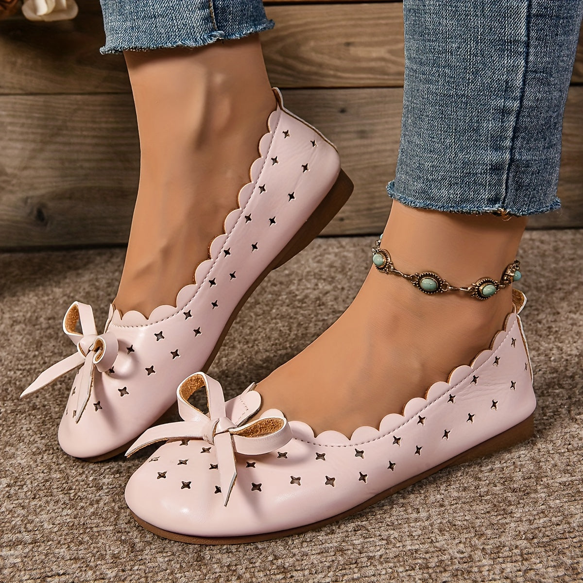 Women’s Faux Leather Bowknot Flat Shoes with Star Pattern, Breathable, Lightweight