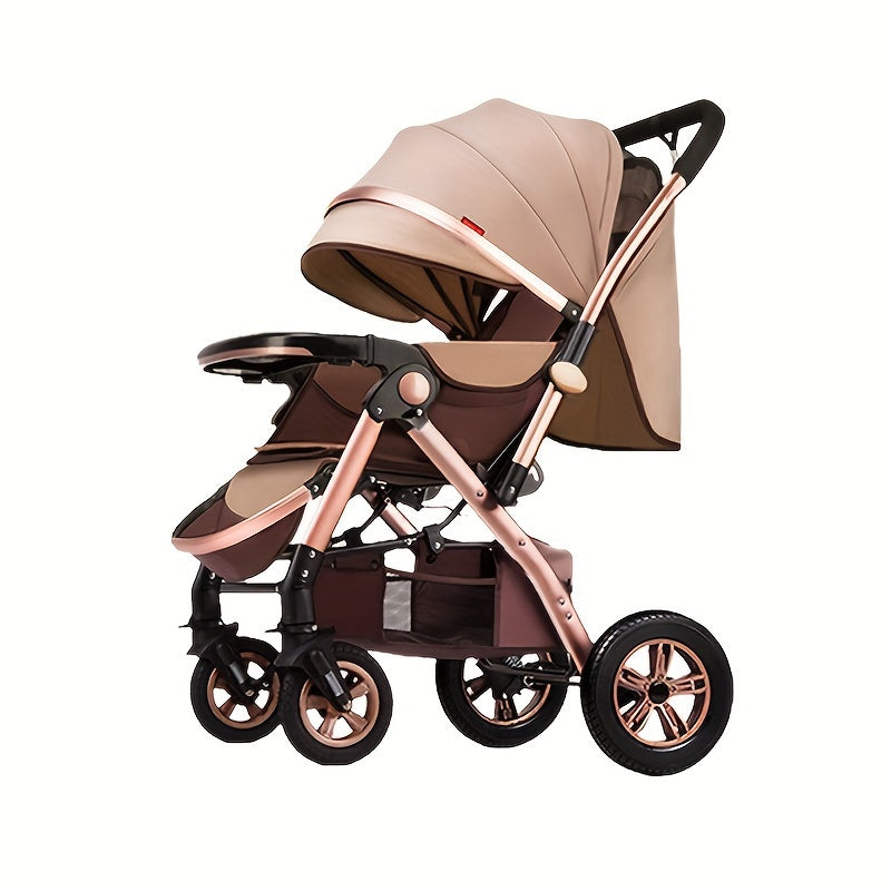 Kids Stroller Khaki and Brown Striped with High Carbon Steel Frame One-Hand Fold Front-Facing