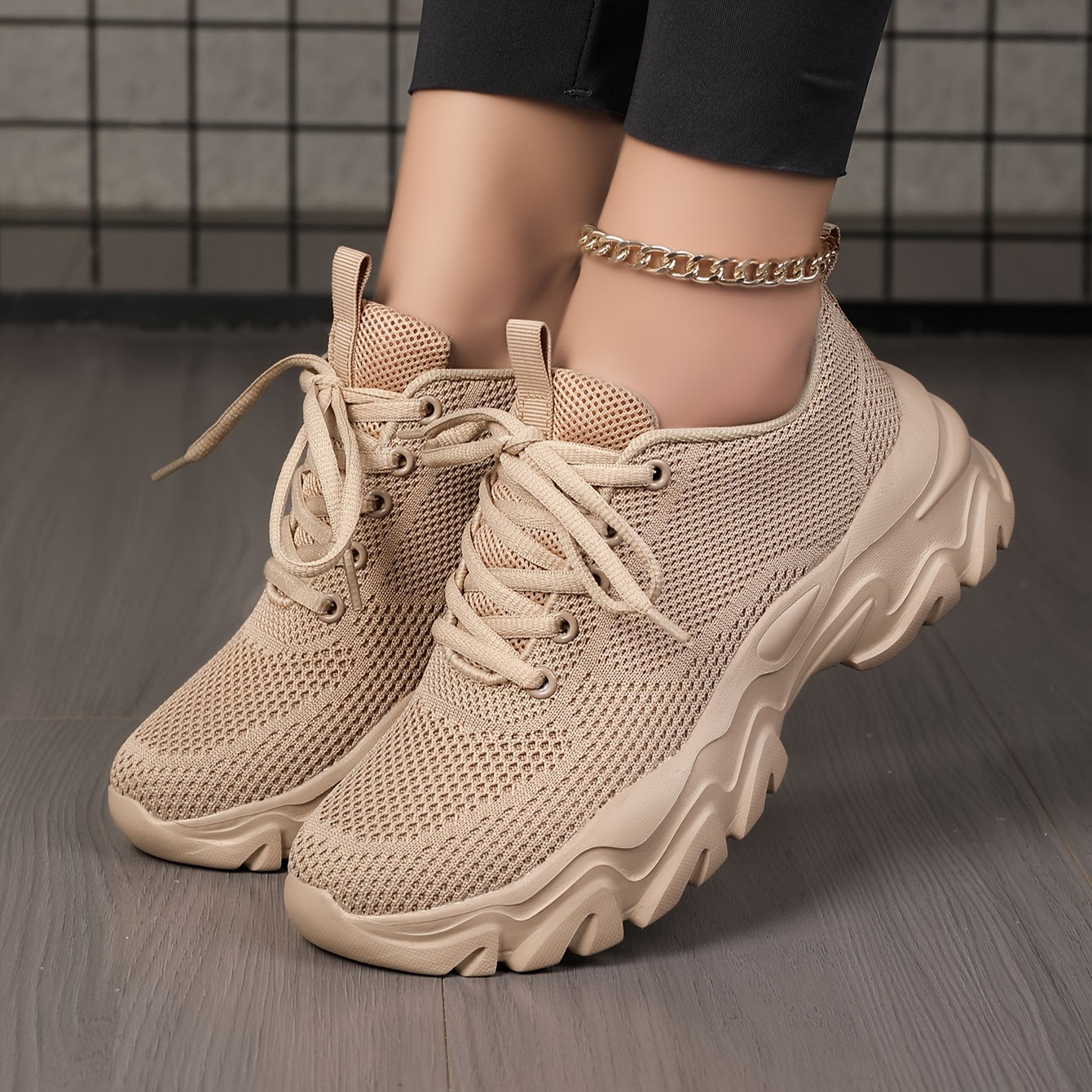 Women's Lace Up Casual Sneakers Platform Breathable Mesh Running Shoes