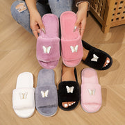 Women's Plush Butterfly Embroidery Slippers Open-Toe Non-Slip EVA Sole