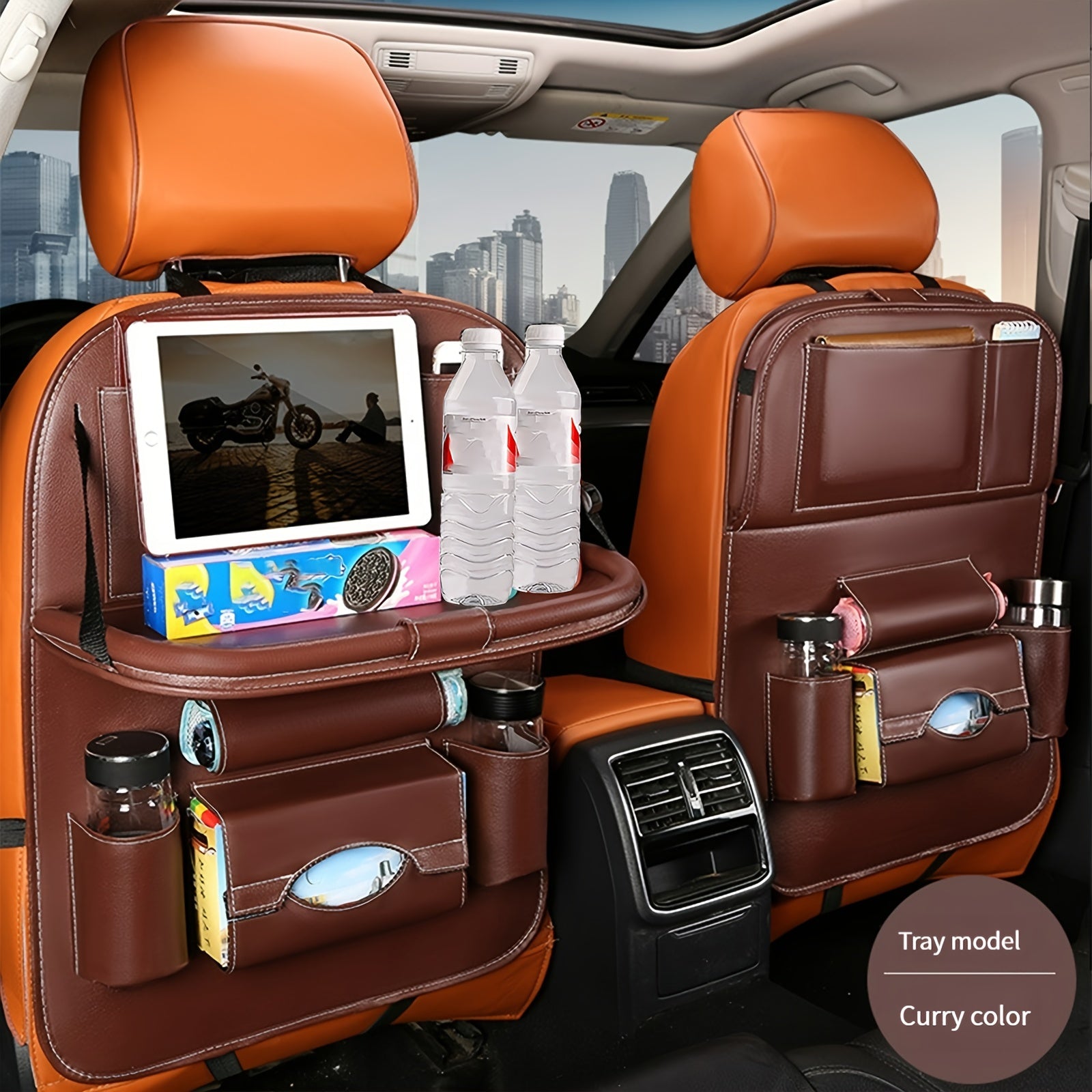 Luxury PU Leather Car Storage Bag and Tray for Snacks and Toys