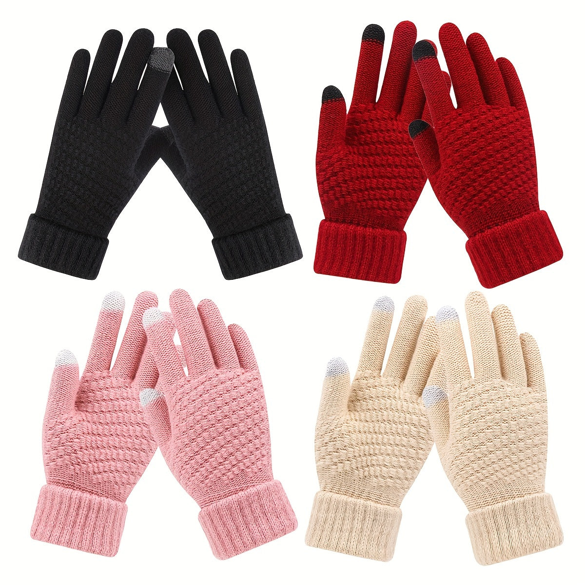 Women's Winter Touchscreen Gloves 4 Pack Cashmere Lined Knitted Gloves with Elastic Cuffs