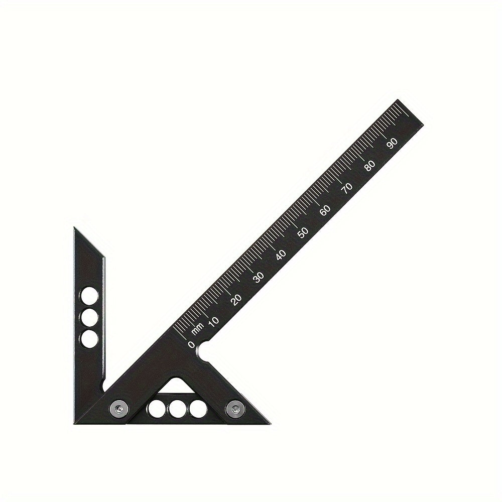 Regla de carpintería de aleación de aluminio azul con centro de marcado y medidas en pulgadas y cm