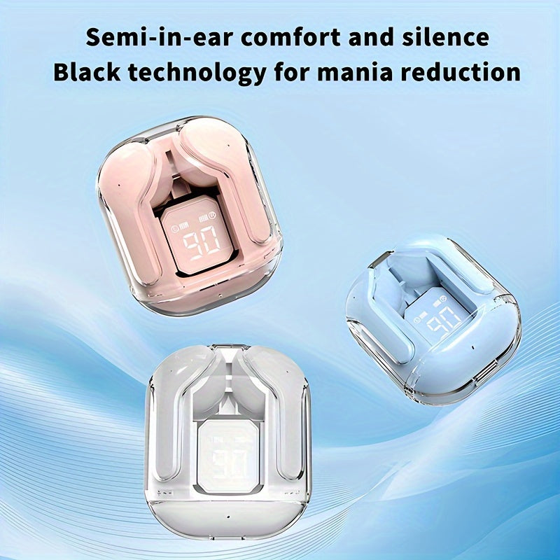 Transparent TWS Wireless Earbuds with LED Power Display, Volume Control, Condenser Mic, Type-C Rechargeable Battery