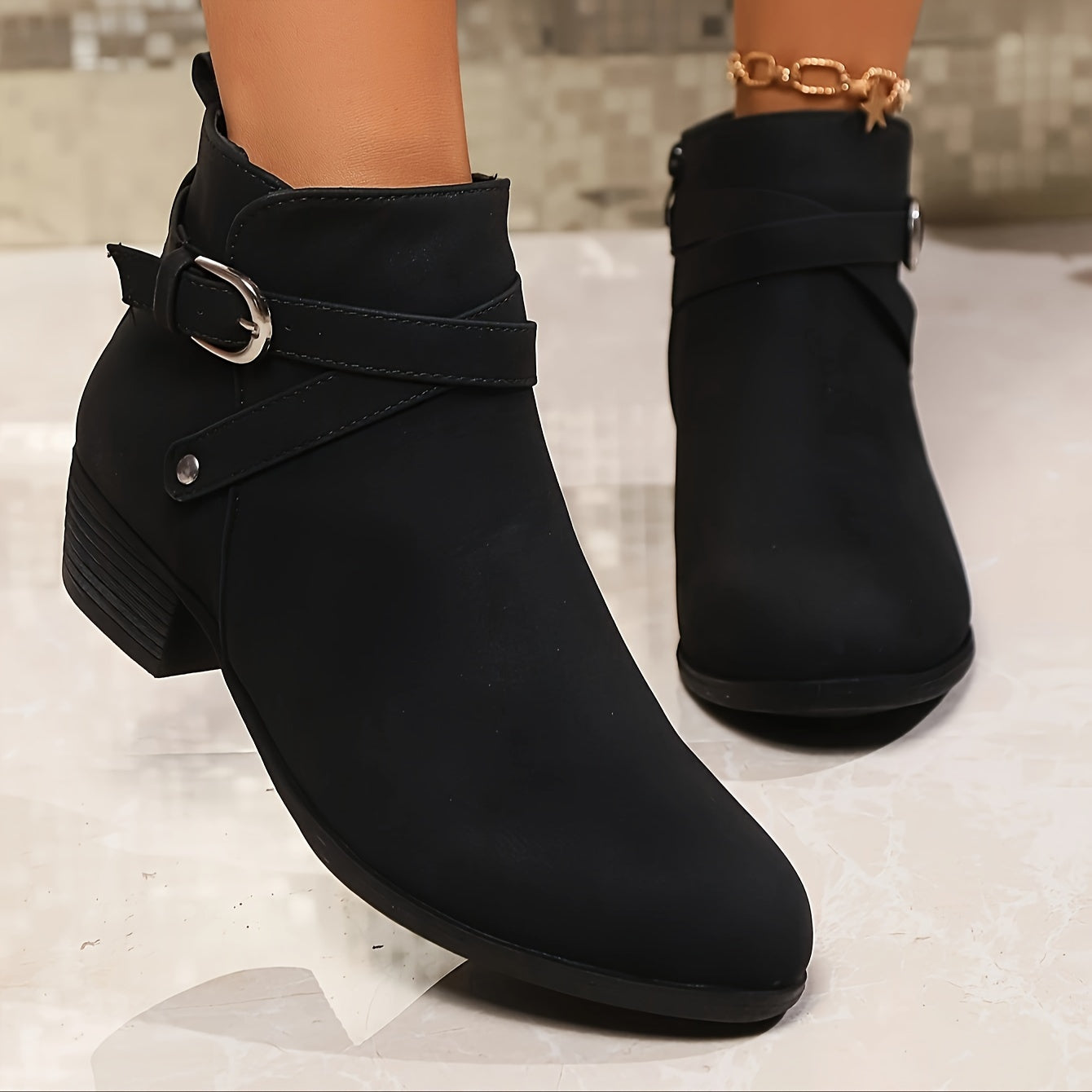 Women's Nude Short Ankle Boots Low Heel Side Zipper