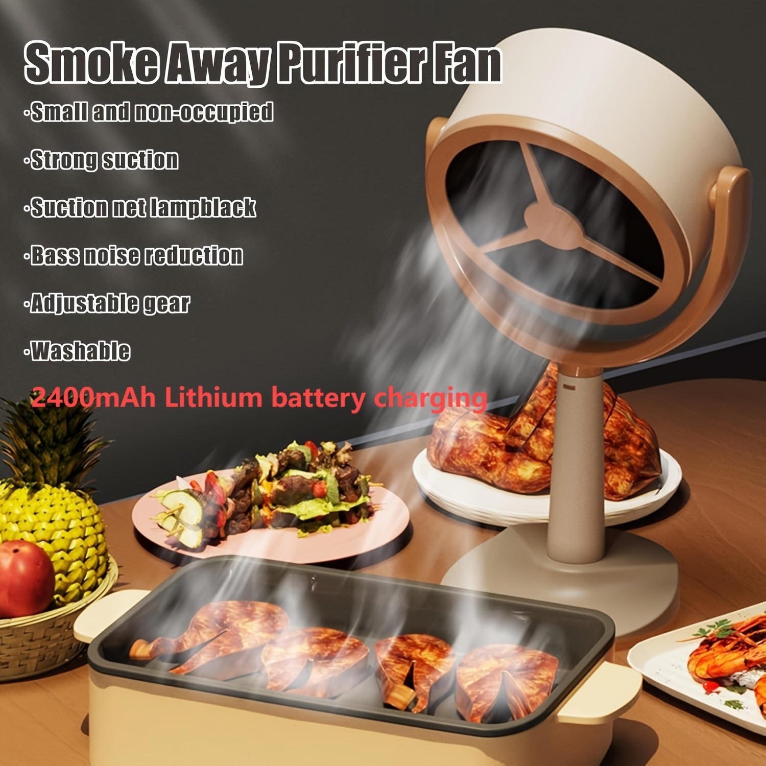 Smoke-Away Purifier Fan with Rechargeable Battery, Strong Suction, Quiet Operation