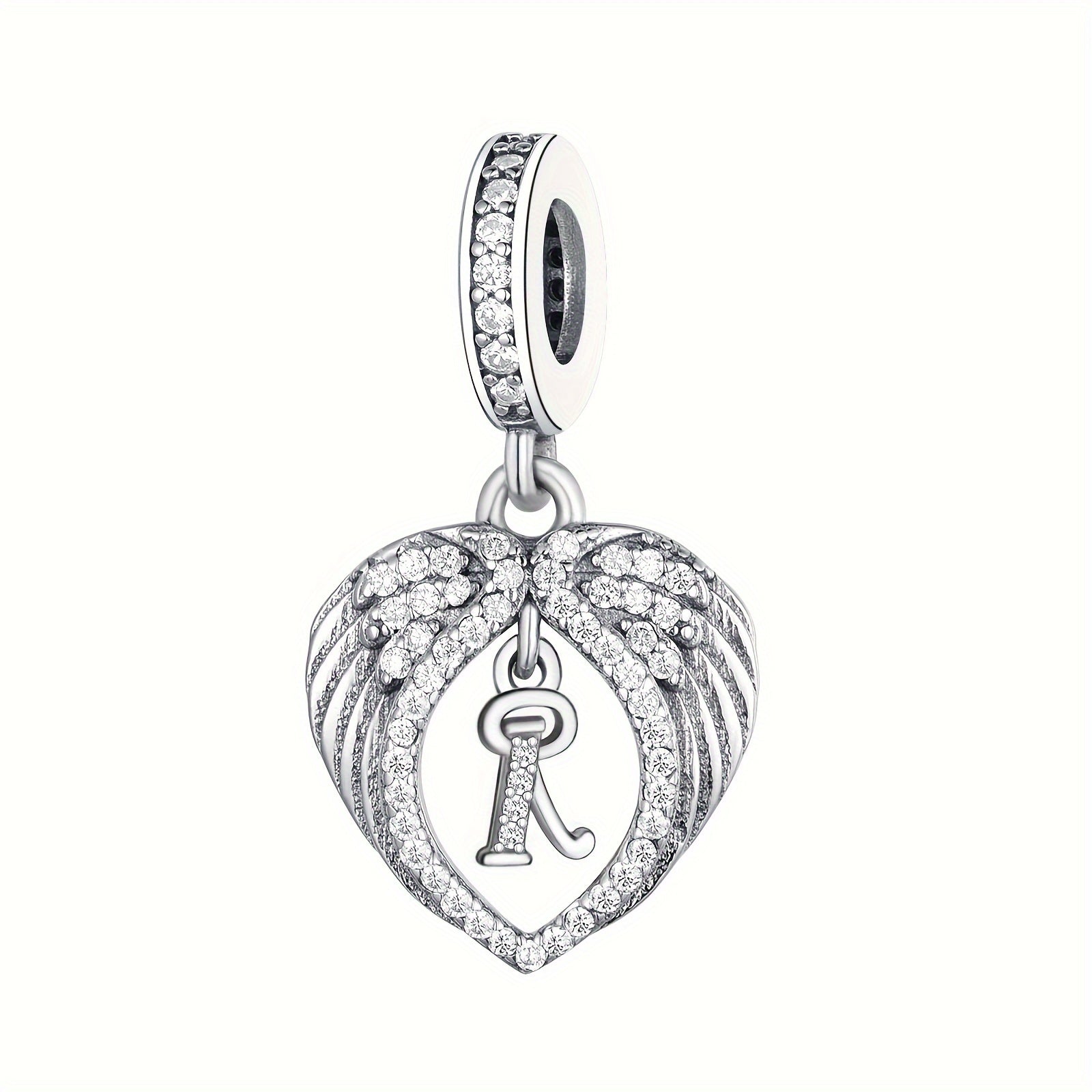 Sterling Silver Heart-Shaped Wing Pendant with Zircon Letter for DIY Jewelry