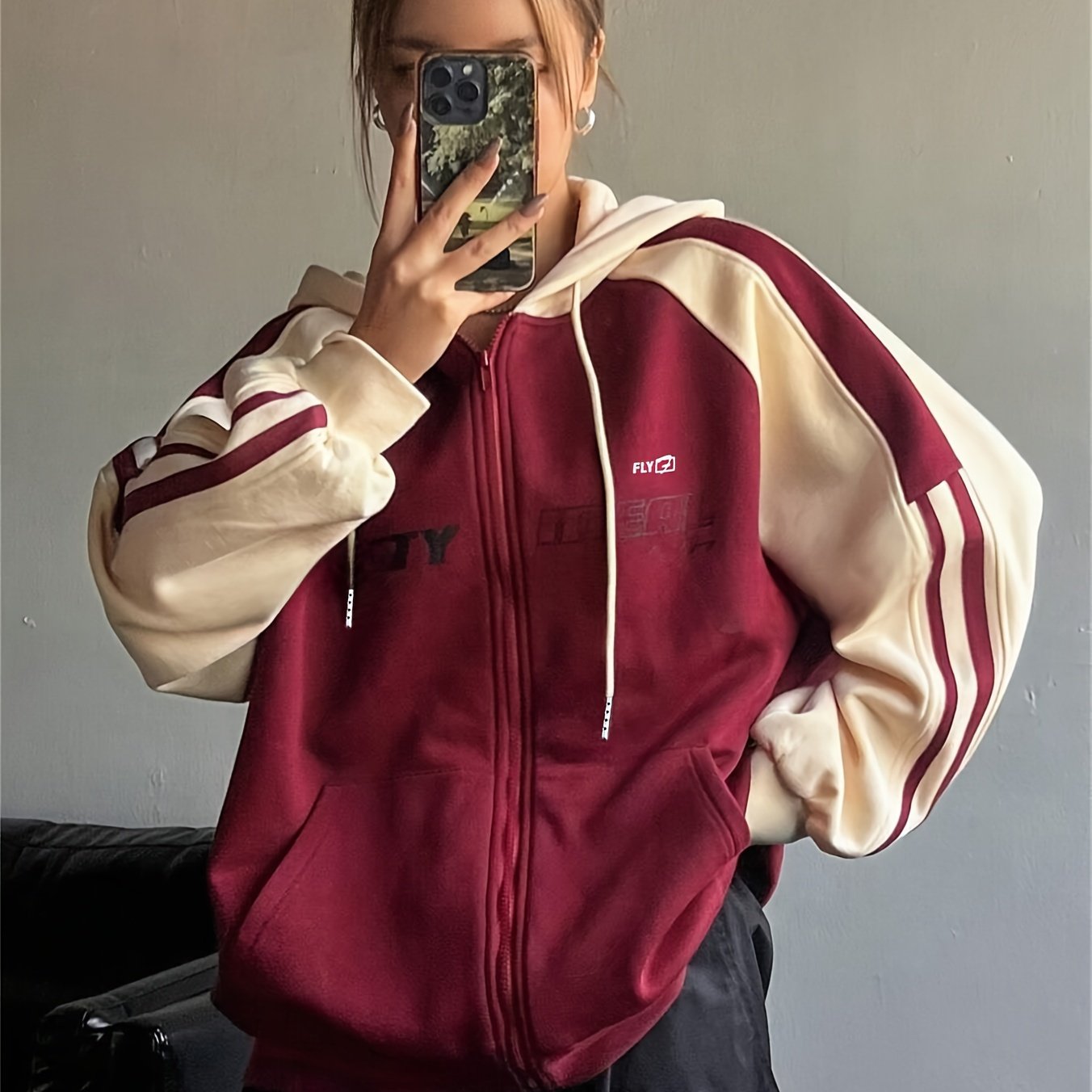 Women’s Y2K Color Block Hoodie with Long Sleeves and Drawstring Hood