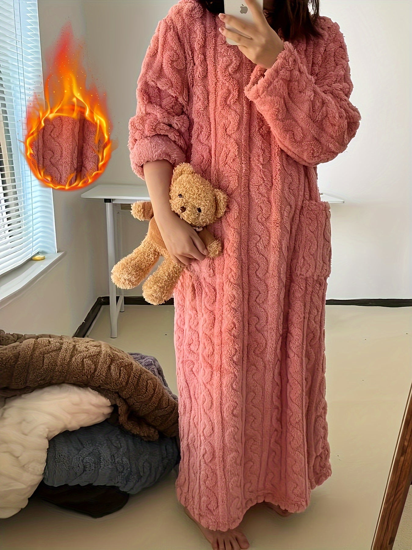 Adult Coral Fleece Nightdress with Pockets Long Sleeve Winter Sleepwear