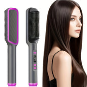 2-in-1 Ceramic Hair Straightener Brush with LCD Display European Plug for Styling