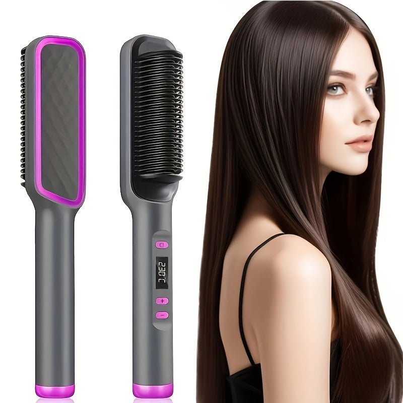 2-in-1 Ceramic Hair Straightener Brush with LCD Display European Plug for Styling