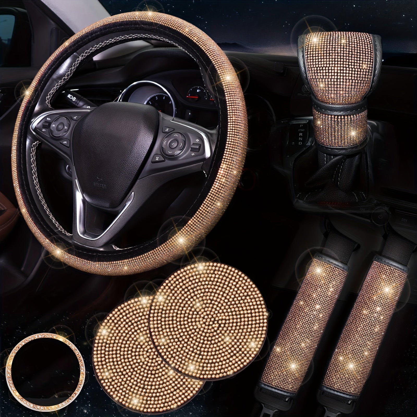 Bling Car Interior Accessory Set 7-Piece Diamond Steering Wheel Cover Rhinestone Seat Belt Coasters