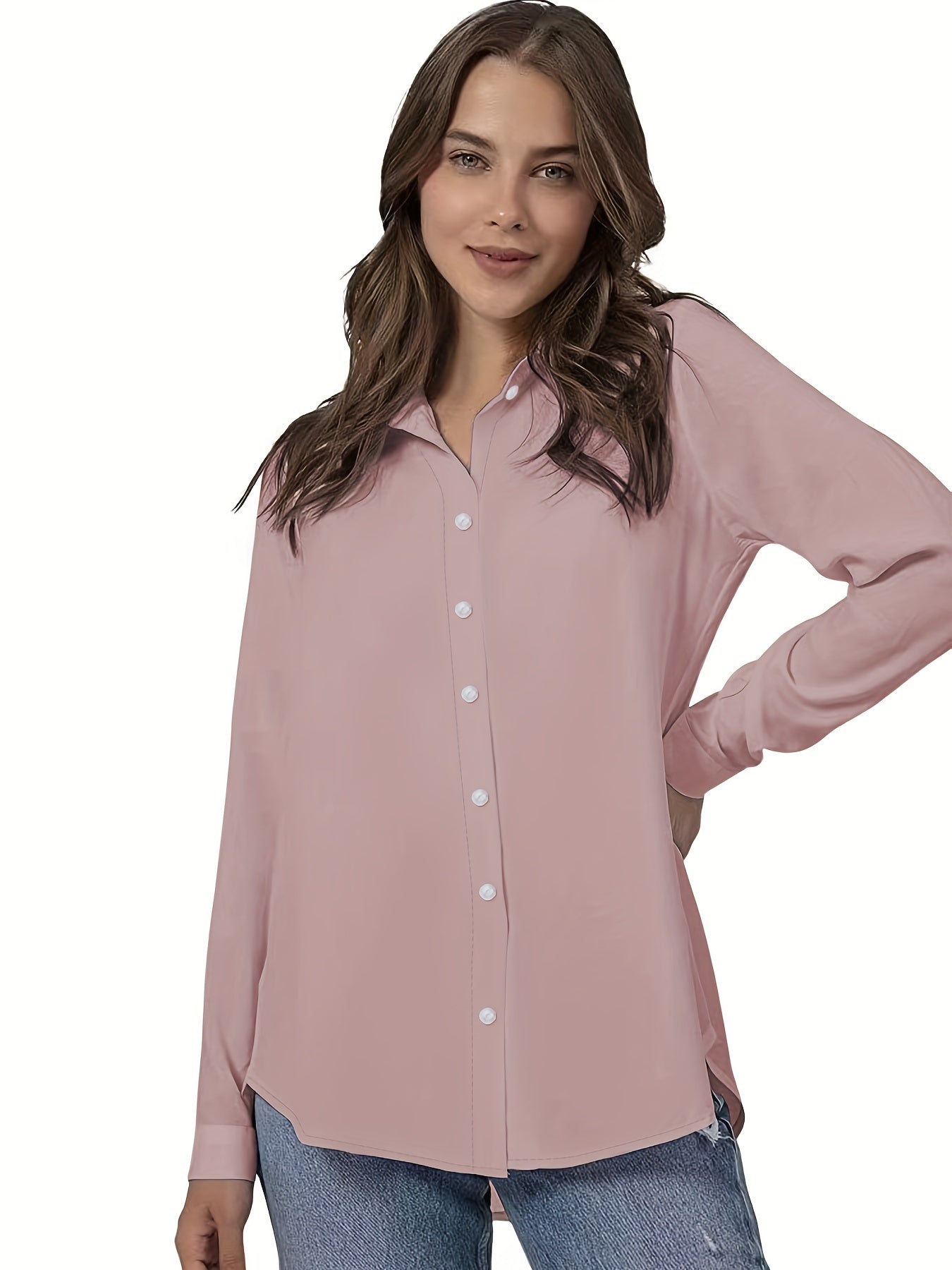 Plus Size Women's Solid Polyester Button Front Shirt with Roll-Up Sleeves for Spring and Fall
