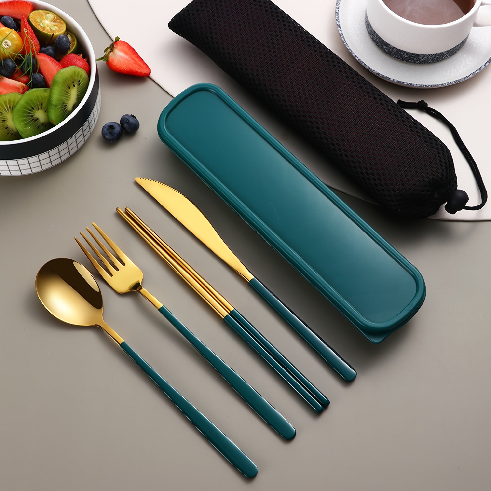 Stainless Steel Cutlery Set with Knife Fork Spoon and Chopsticks for Picnics Camping