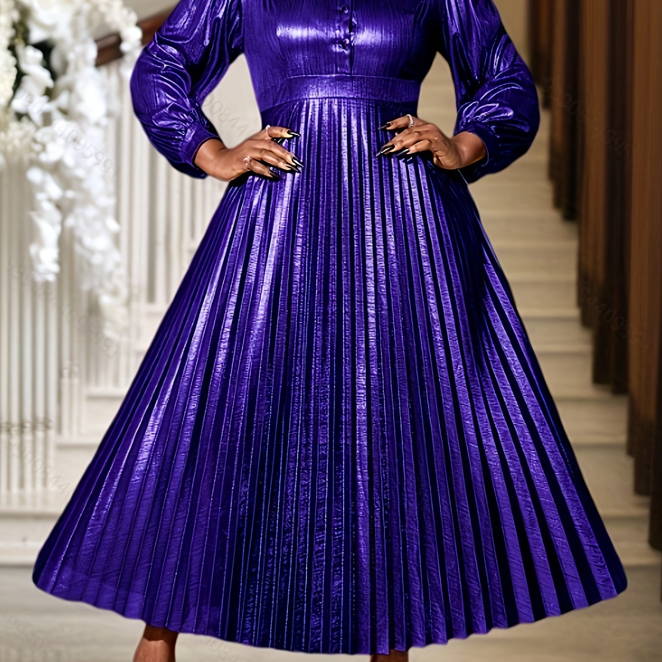 Women Gold A-Line Party Dress Long Sleeve Pleated Evening Gown