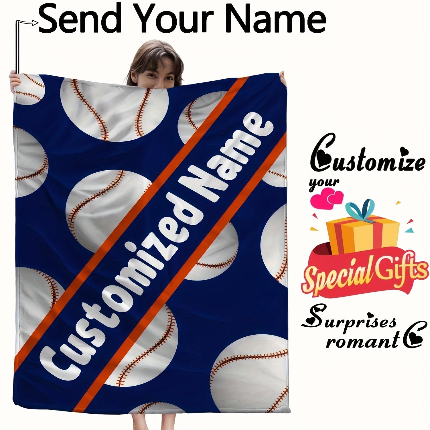 Personalized Fleece Baseball Blanket with Custom Name Reversible Sports Throw Lightweight All-Season Sofa Camping Travel
