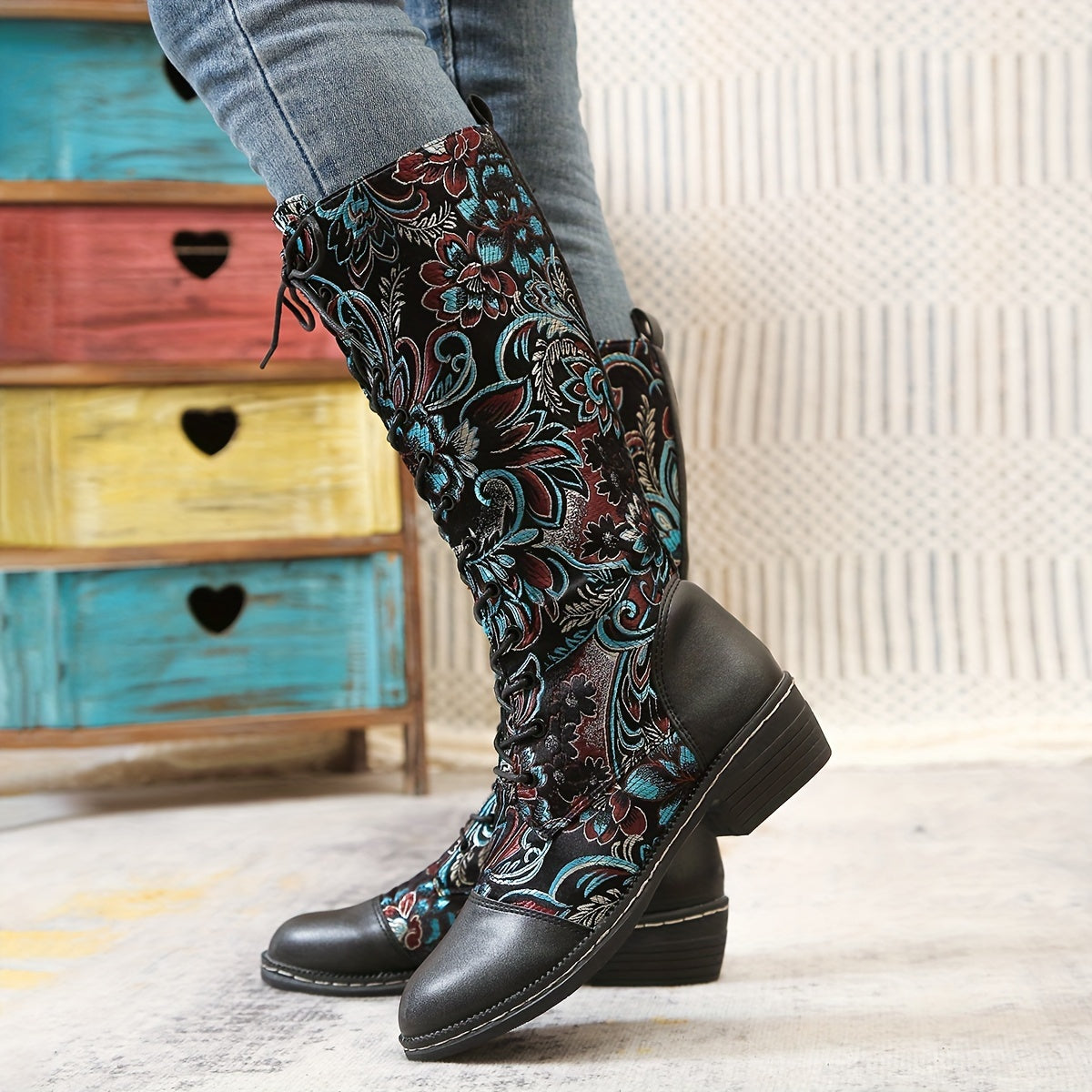 Женские ботинки с цветочным принтом до середины икры, на шнуровке и молнии, на массивном каблуке из ткани