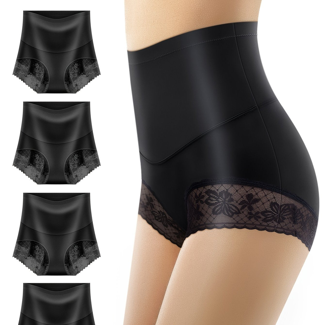 Women's High Waist Lace Trim Briefs 4 Pack Tummy Control Breathable Stretch
