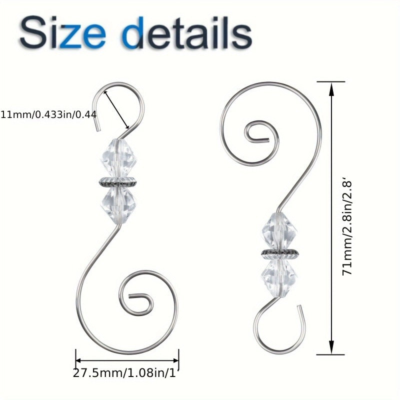 30 ta kumush S-shaklidagi ornament qopqog'i, kristall marjonlar bilan bezatilgan - Rojdestvo daraxti, stocklar va dekorativ buyumlar uchun ko'p maqsadli metall osgichlar