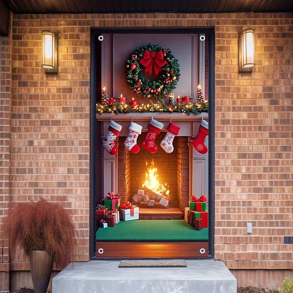 Multi-Functional Christmas Fireplace Door Cover Polyester Festive Decor