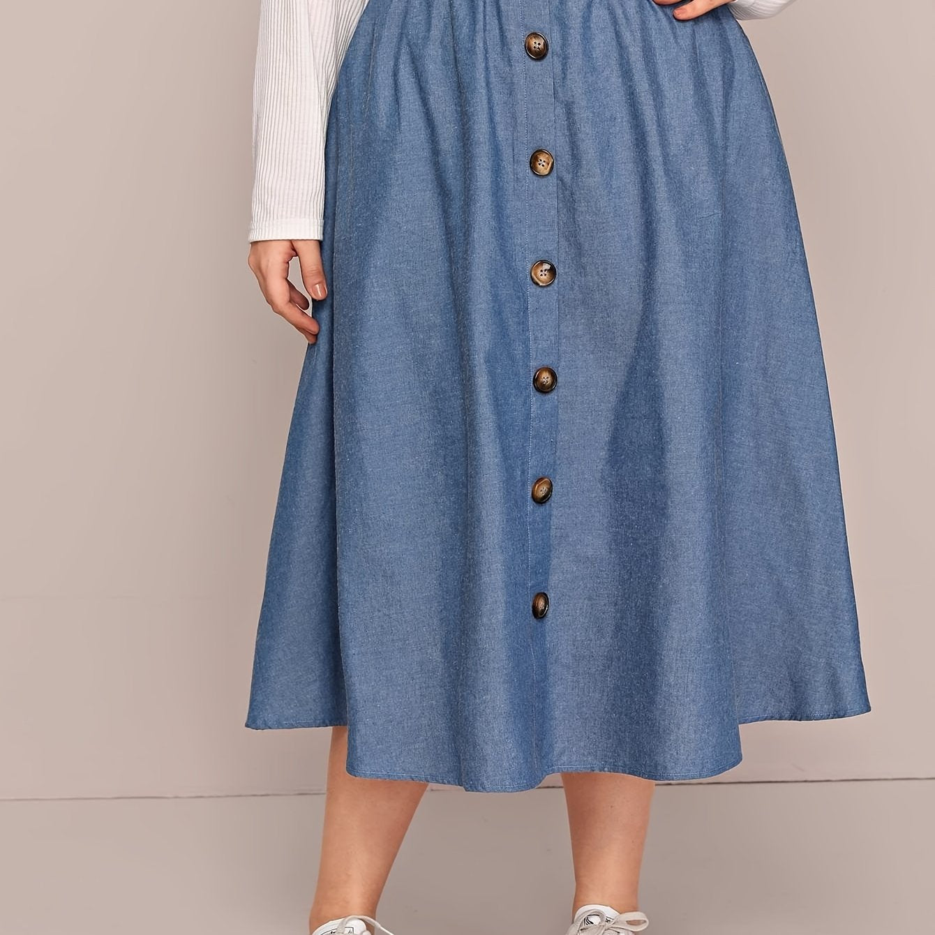 Plus Size Women's Light Blue A-Line Midi Skirt with Elastic Waist