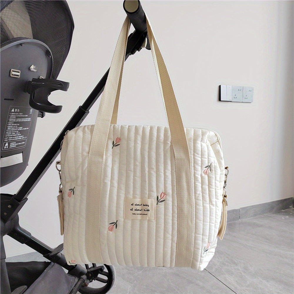 Embroidered Cotton Diaper Bag with Trolley and Hanging Features for Moms 36x30x12cm