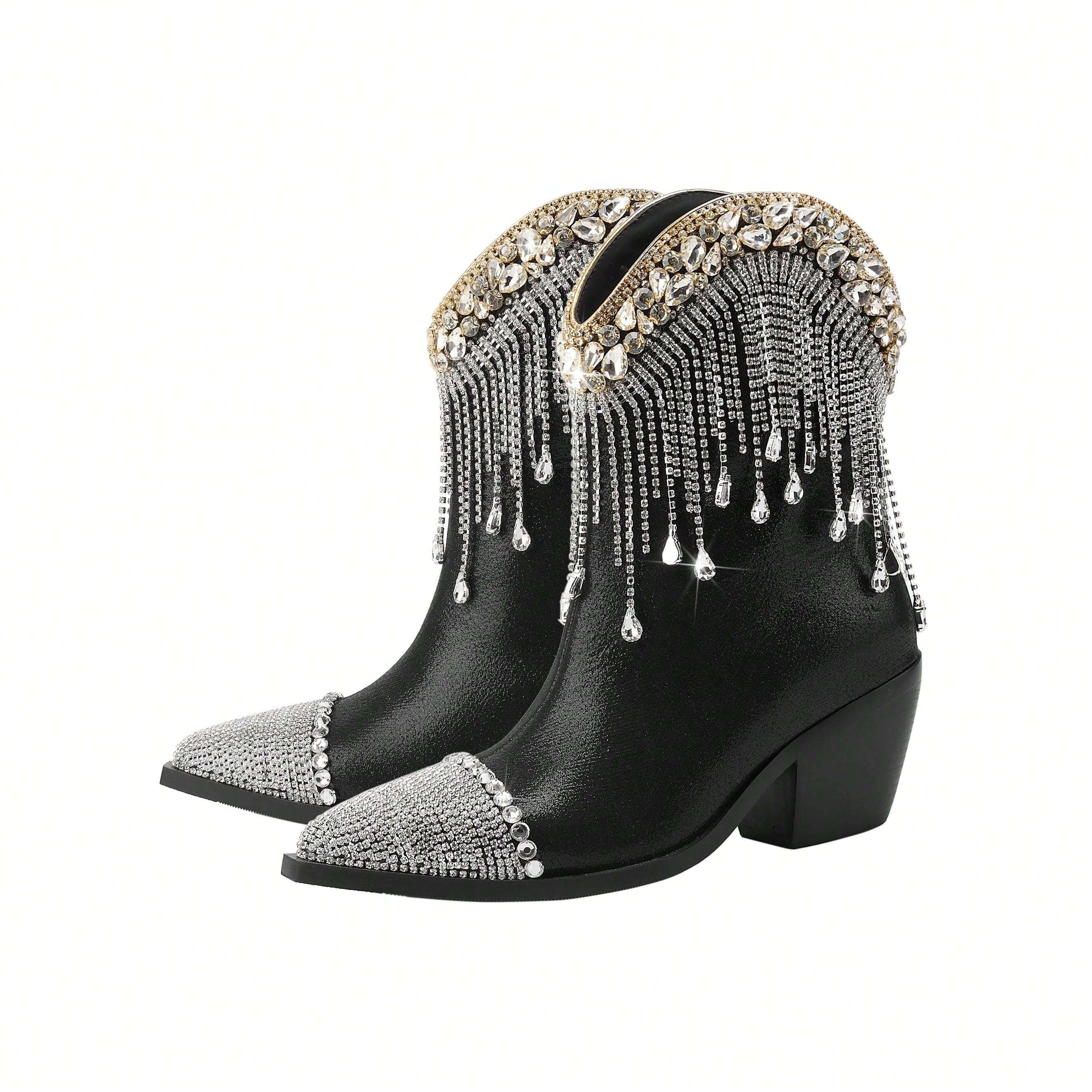 Women's Western Ankle Boots Rhinestones Chain Pointed Toe Block Heel