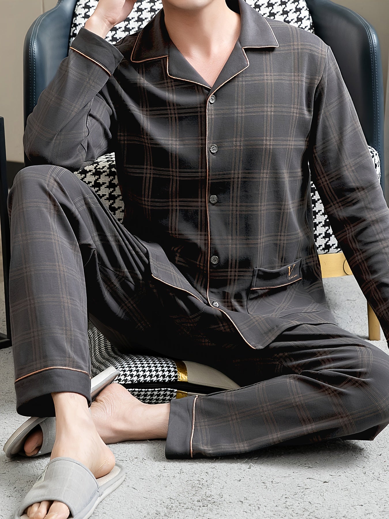 Conjuntos de pijama de algodón para hombre, camisa de manga larga y pantalones, cuadros marrones, ropa de descanso para primavera y otoño