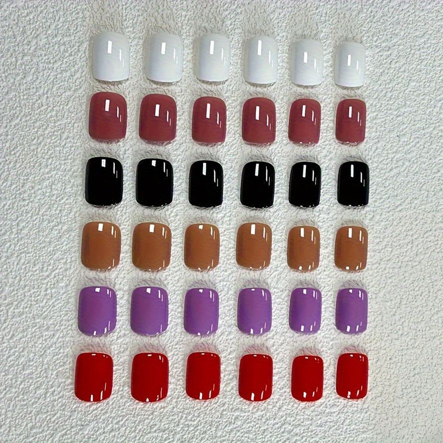 Juego de 24 piezas de uñas cortas cuadradas para mujer en colores sólidos con purpurina