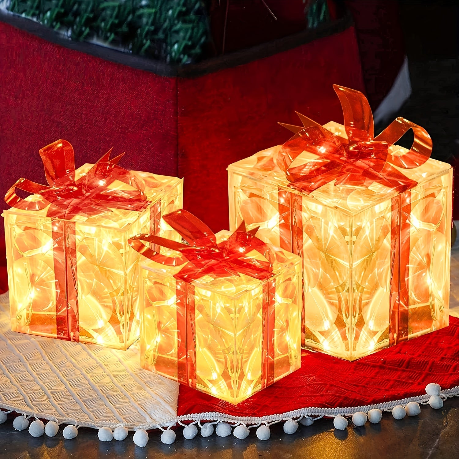 Set of 3 Christmas Lighted Gift Boxes with Warm White Lights and Red Bows for Outdoor Decorations