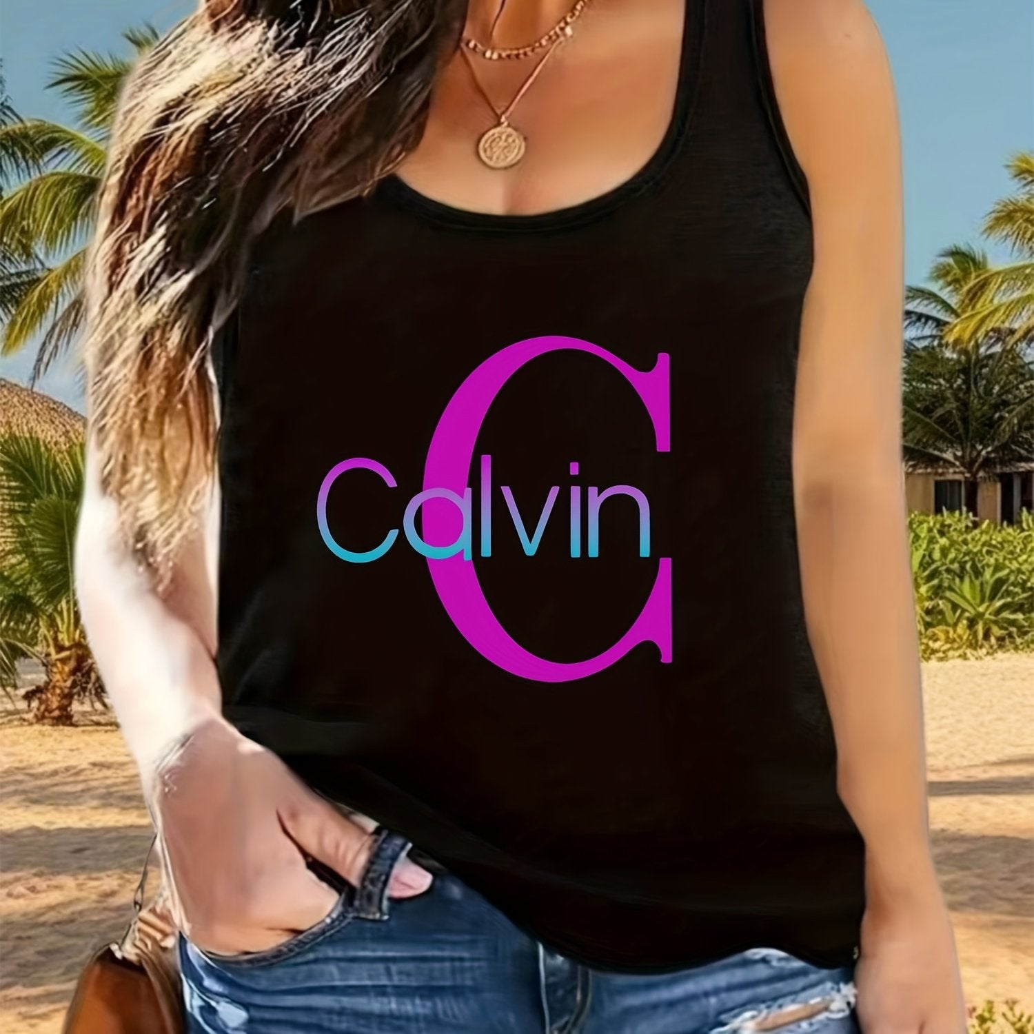 Plus Size Women's Black Sleeveless Tank Top with Pink Blue Geometric Print