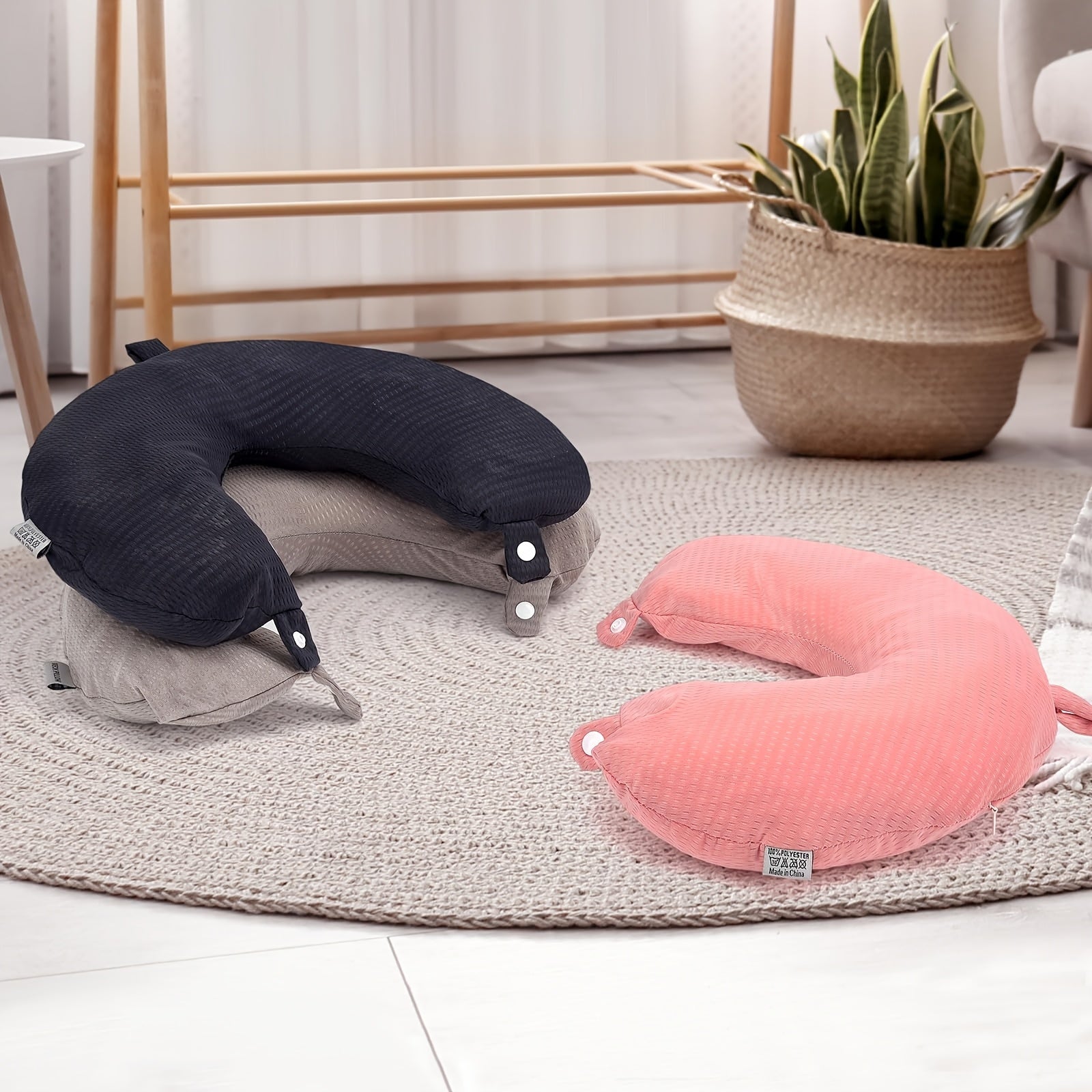 Koʻk rangli toʻqilgan polyester U-shaklidagi sayohat boʻyniga taqiladigan yostiq qoplami, engil, yuviladigan