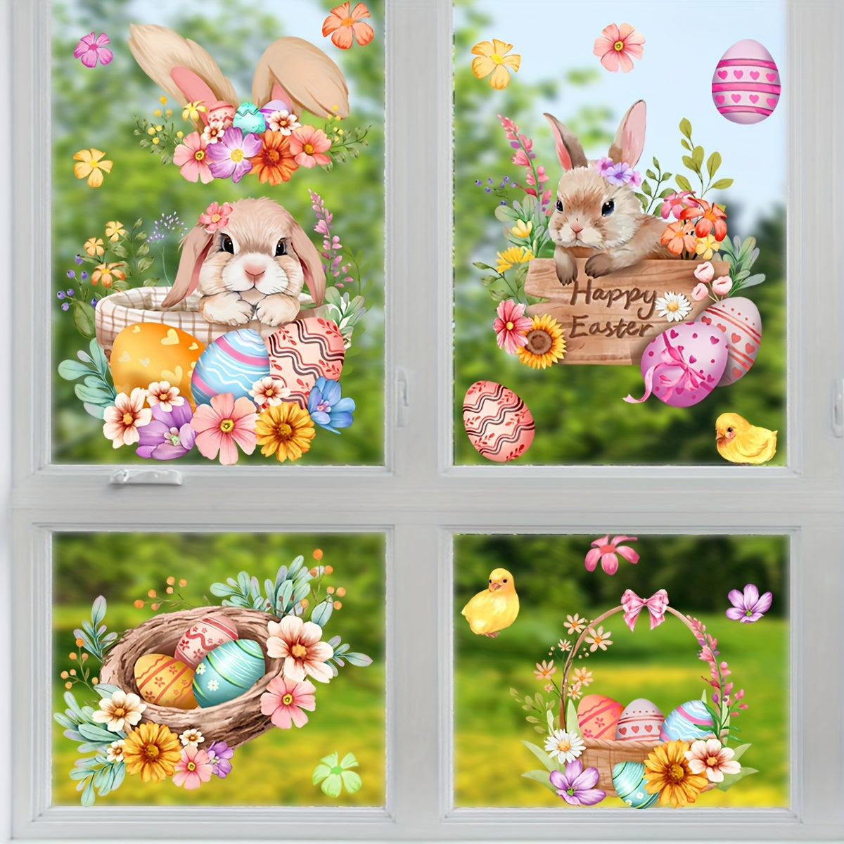 Easter Bunny and Eggs Window Clings Reusable PVC Static Decals 30x60cm