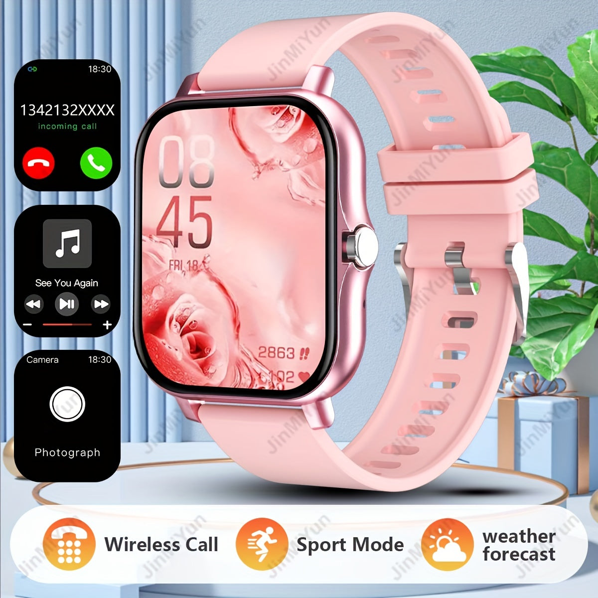 Full-Screen Touch Sports Smartwatch Pink Black 4.65cm Wireless 5.0 Multi-Sport