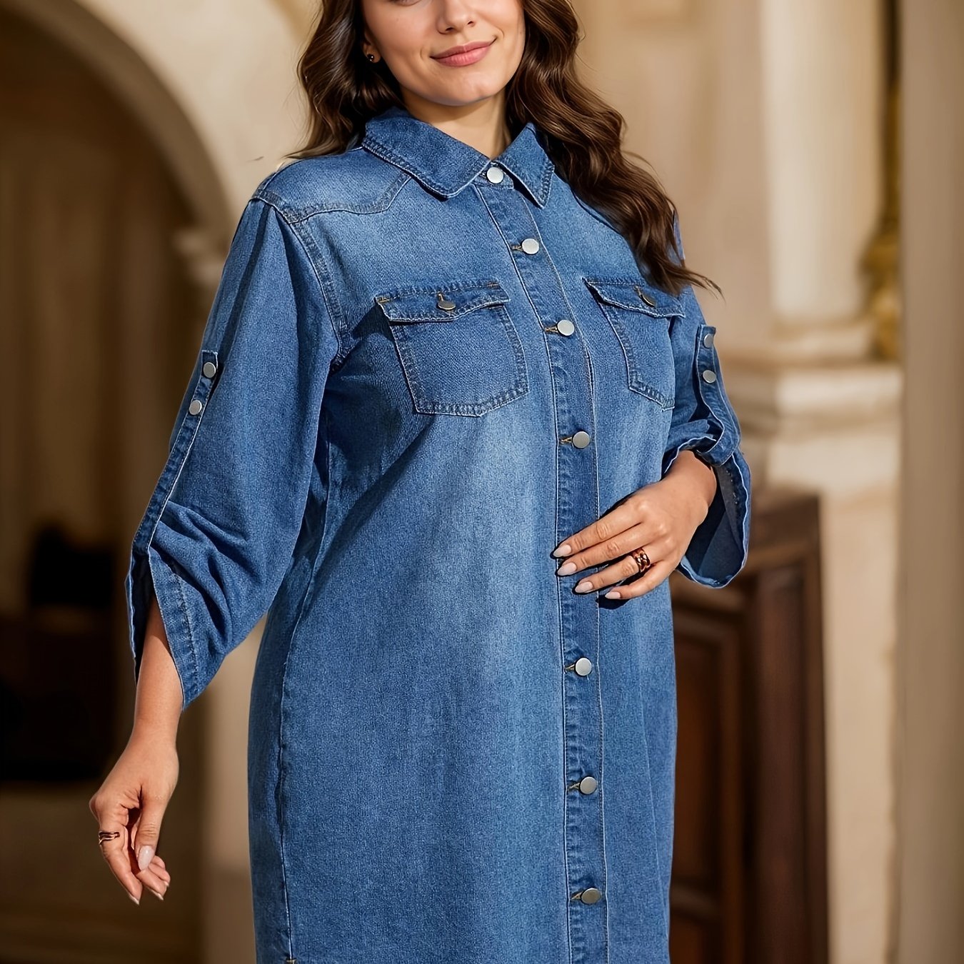Women's Denim Dress with Ruffle Hem Long Sleeves Button-Up Vintage Style