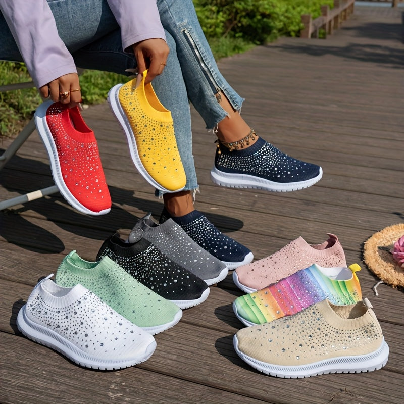 Women's Breathable Slip-On Casual Sneakers with Sparkling Crystal Accents