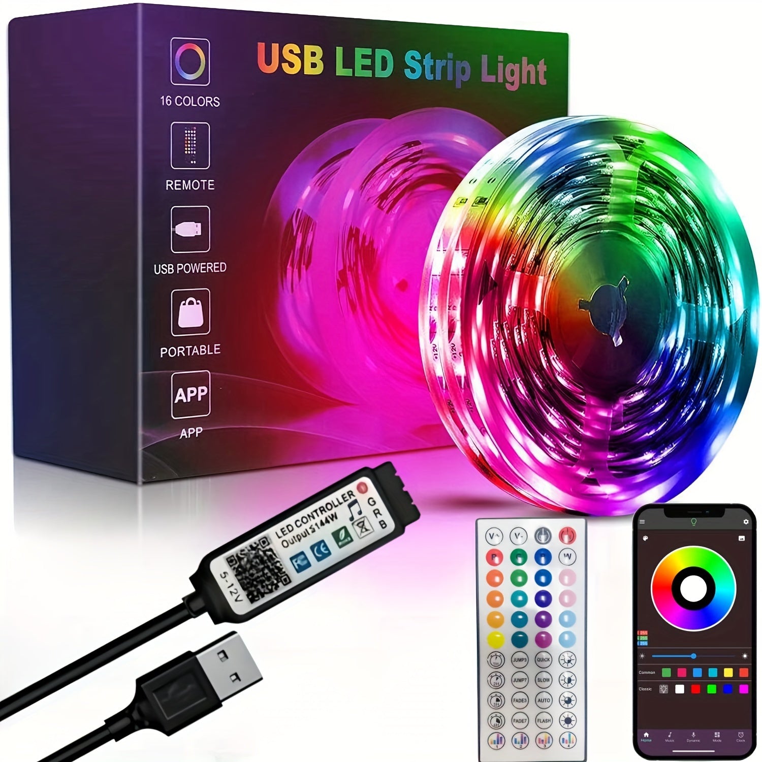 Wireless LED Light Strip with Microphone Music Sync Remote Control for Room and Party