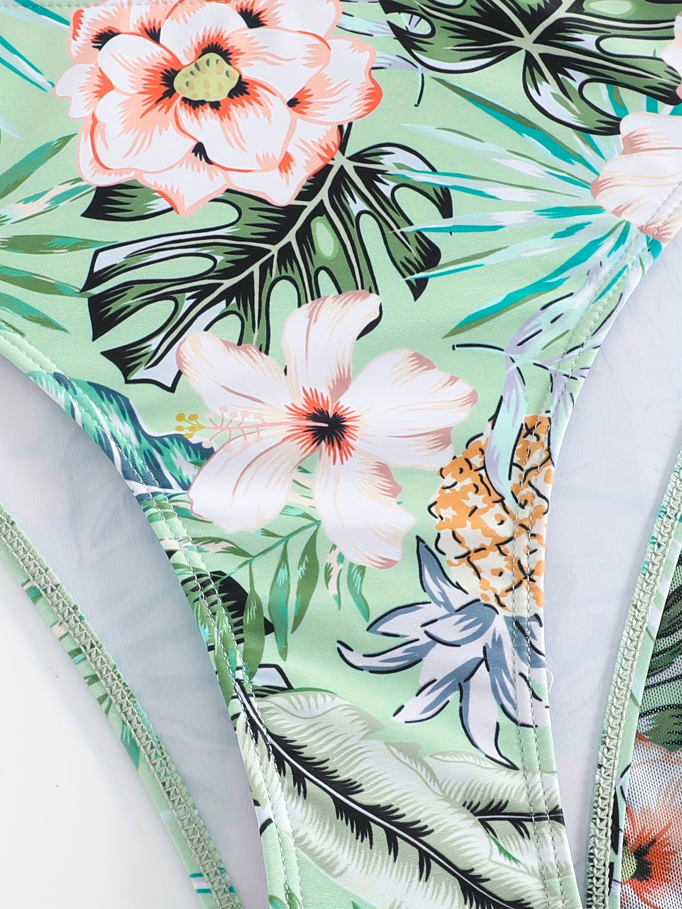 Green Floral Split Swimsuit for Women Summer High Stretch Polyester V-Neck Three-Pieces