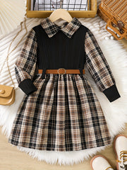 Girls' Long Sleeve Plaid Knit Dress with Belt for Spring and Fall