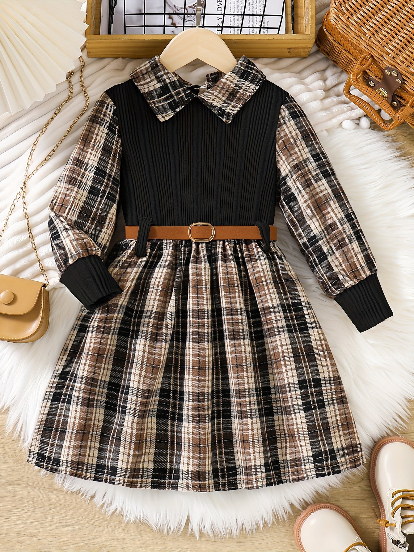 Girls' Long Sleeve Plaid Knit Dress with Belt for Spring and Fall