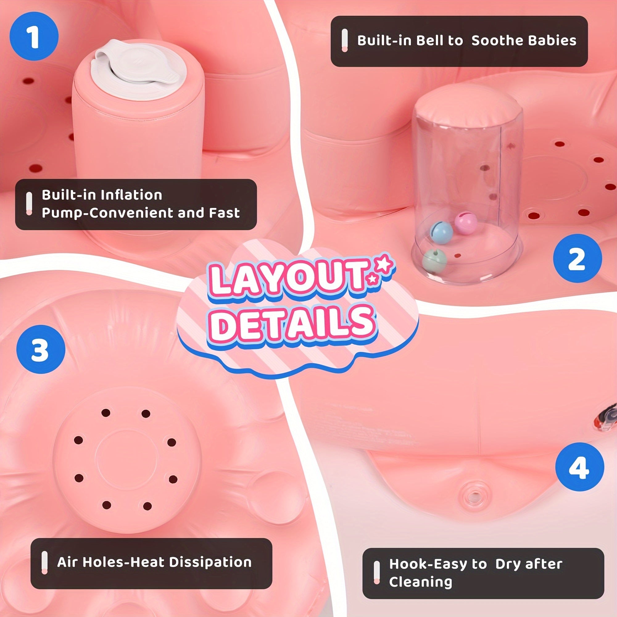 Havo pompasi bilan to'ldiriladigan chaqaloq uchun stul, PVC pol stuli, qo'llab-quvvatlash yostiqchasi, chaqaloqlar uchun