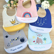Silicone Kids Bib Pink Waterproof with Rainbow Crown Space Design for Boys Girls